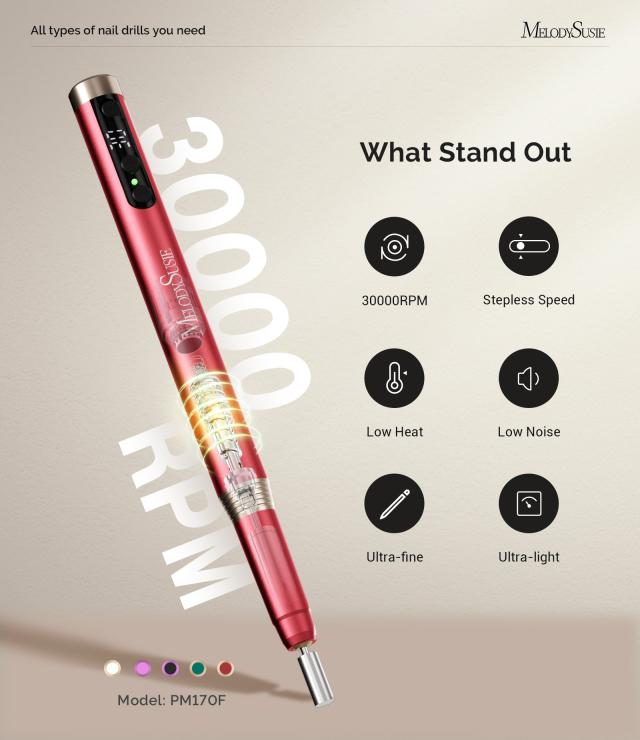 PM170F Pen-Shaped Ultra-Slim Rechargeable Nail Drill 30,000RPM - Red