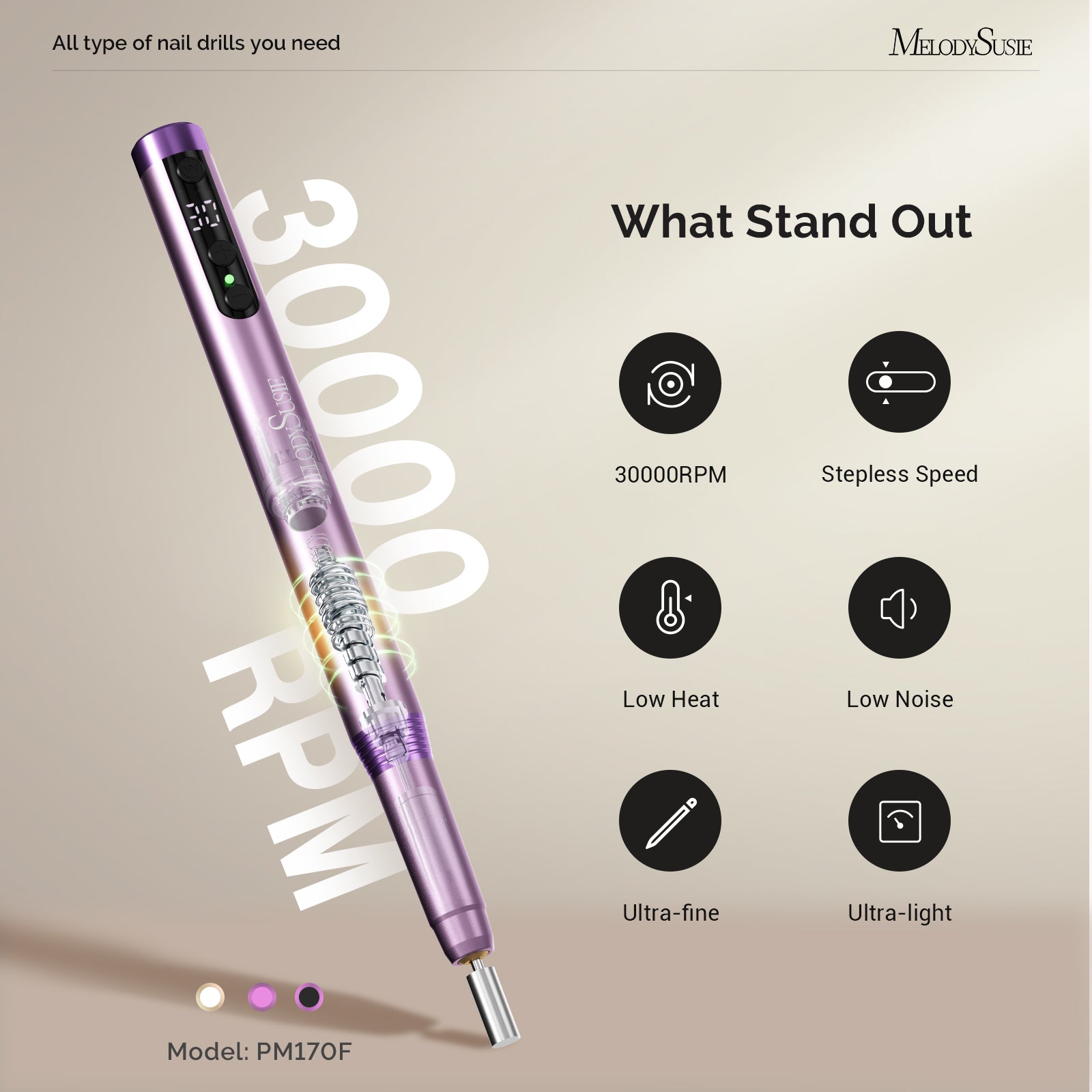 PM170F Pen-Shaped Ultra-Slim Rechargeable Nail Drill 30,000RPM - Rose Gold - 图片2