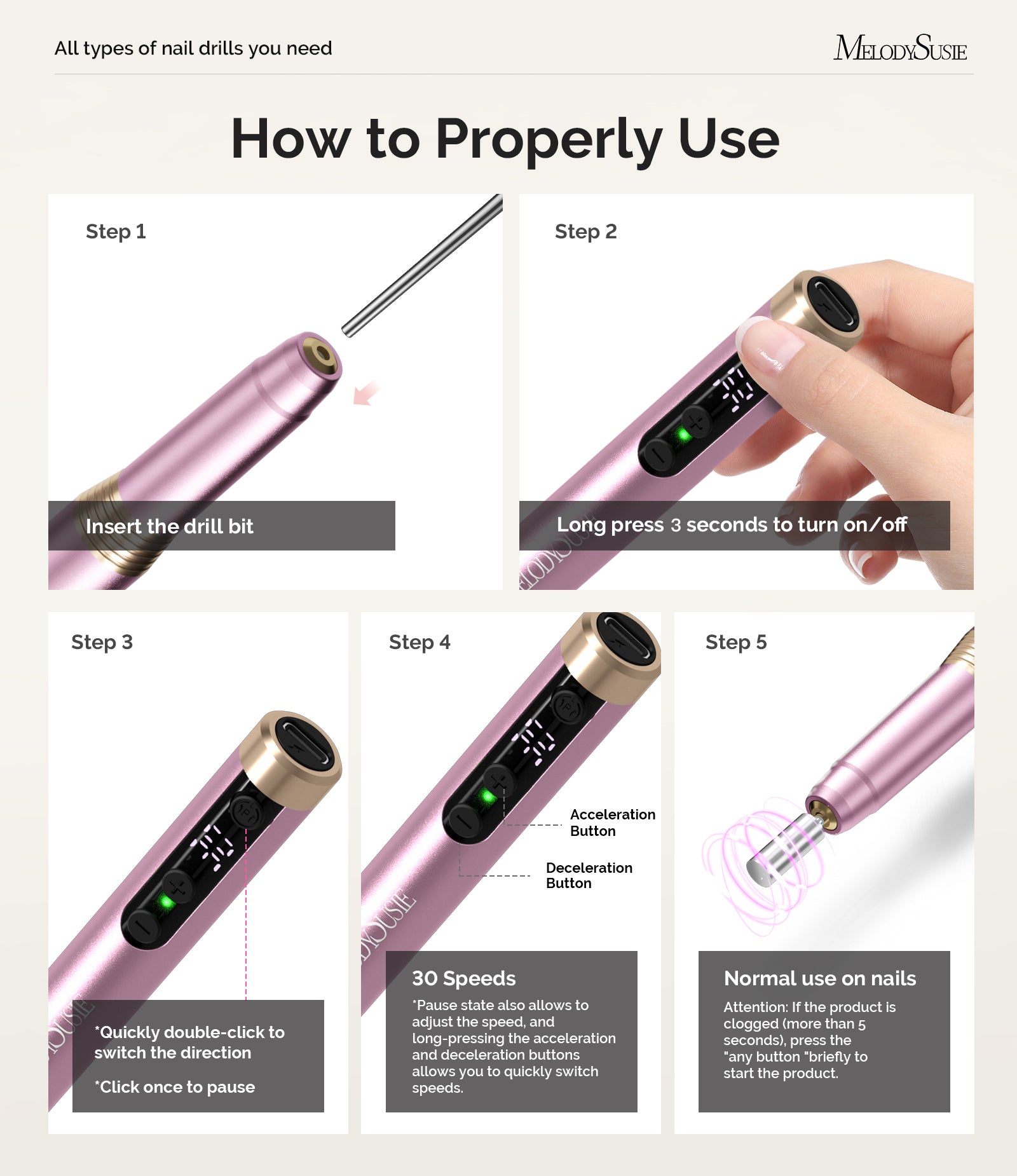 PM170F Pen-Shaped Ultra-Slim Rechargeable Nail Drill 30,000RPM - Rose Gold - 图片14