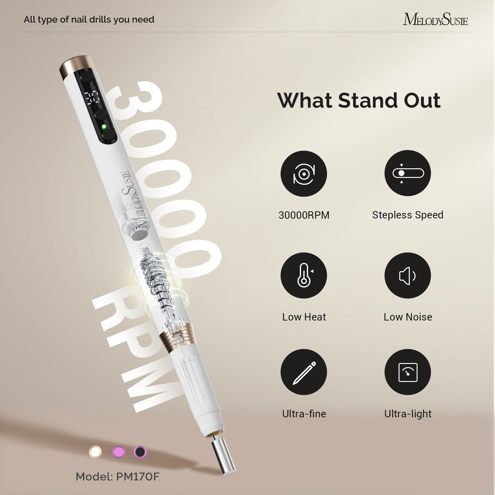 PM170F Rechargeable Nail Drill 30,000RPM Set - 图片5