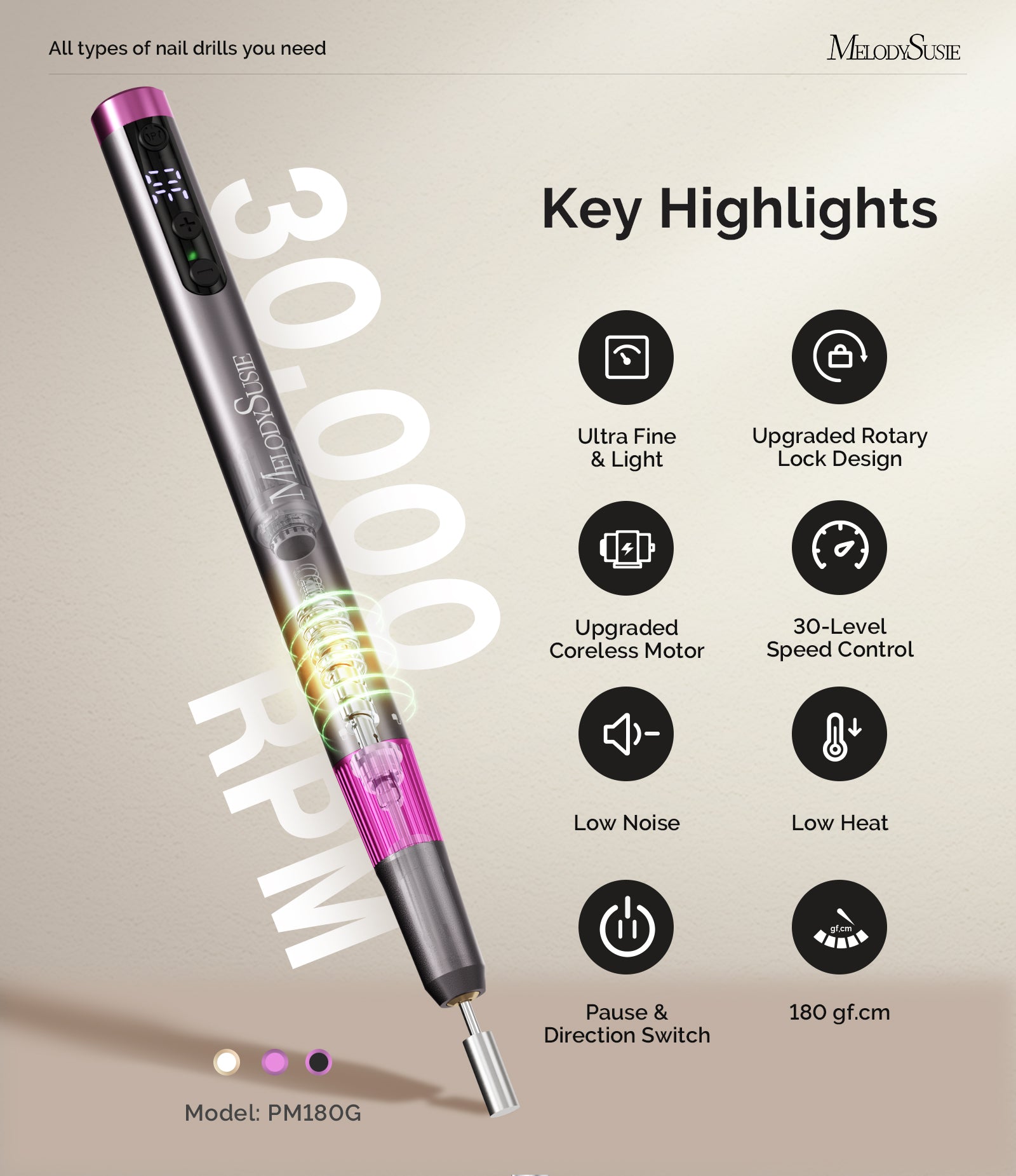 PM180G Pen-Shaped Ultra-Slim Rechargeable Nail Drill 30,000RPM - Black - 图片2