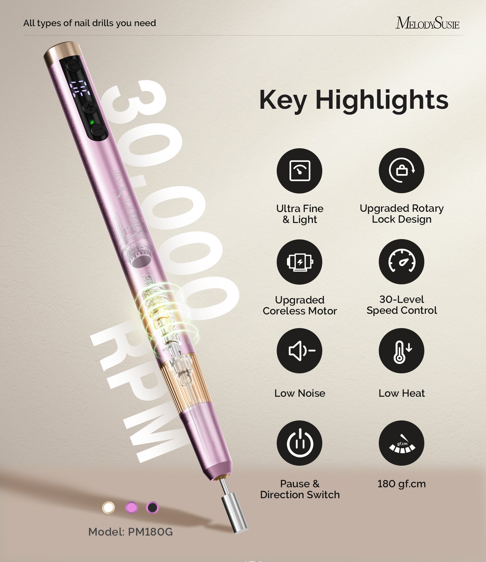PM180G Pen-Shaped Ultra-Slim Rechargeable Nail Drill 30,000RPM - Pink - 图片2