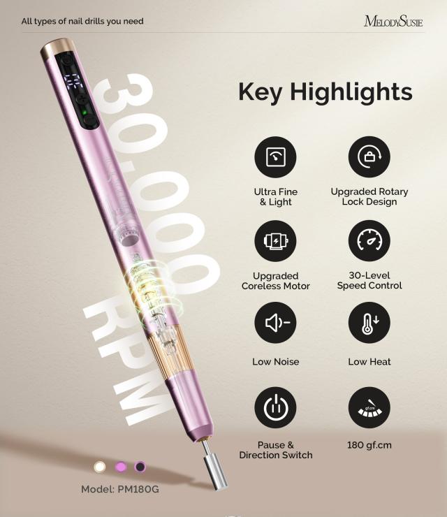 PM180G Pen-Shaped Ultra-Slim Rechargeable Nail Drill 30,000RPM - Pink