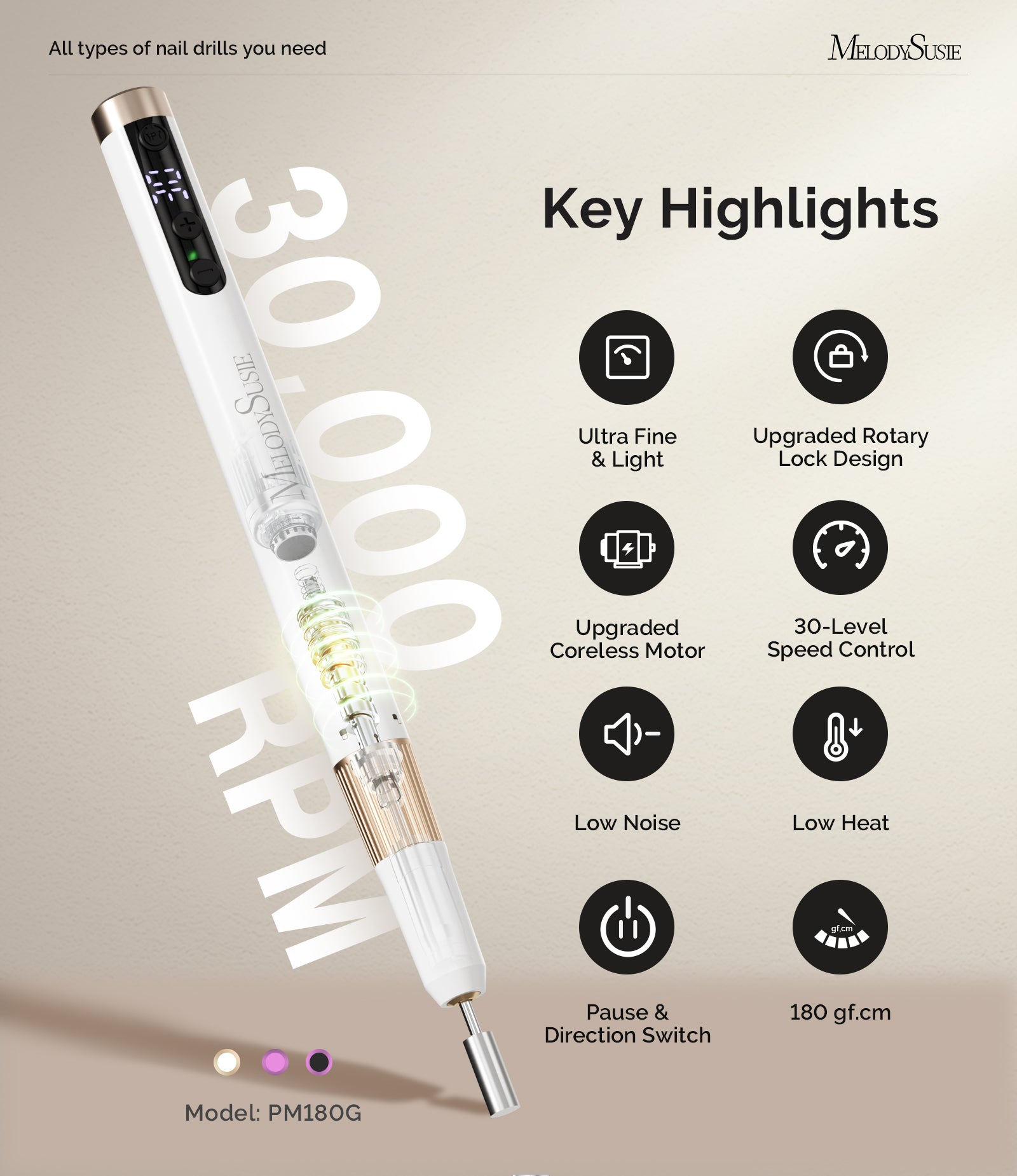 PM180G Pen-Shaped Ultra-Slim Rechargeable Nail Drill 30,000RPM - White - 图片2