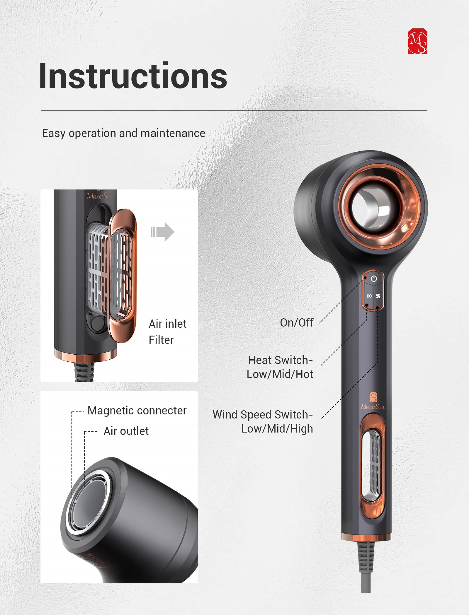 Professional Portable lonic Hair Dryer - Black - 图片5