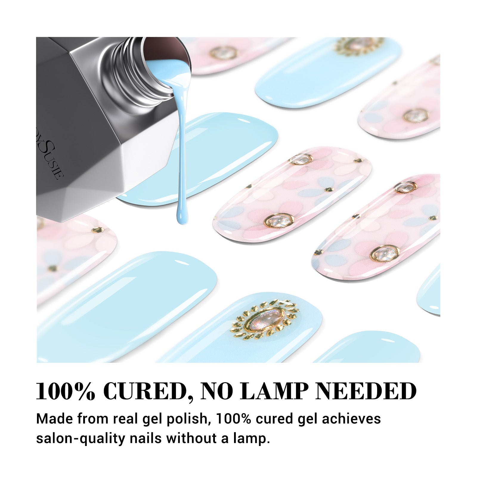 Qcoat Fully Cured Gel Nail Strips - Light Blue Crystal Flowers(US ONLY) - 图片2