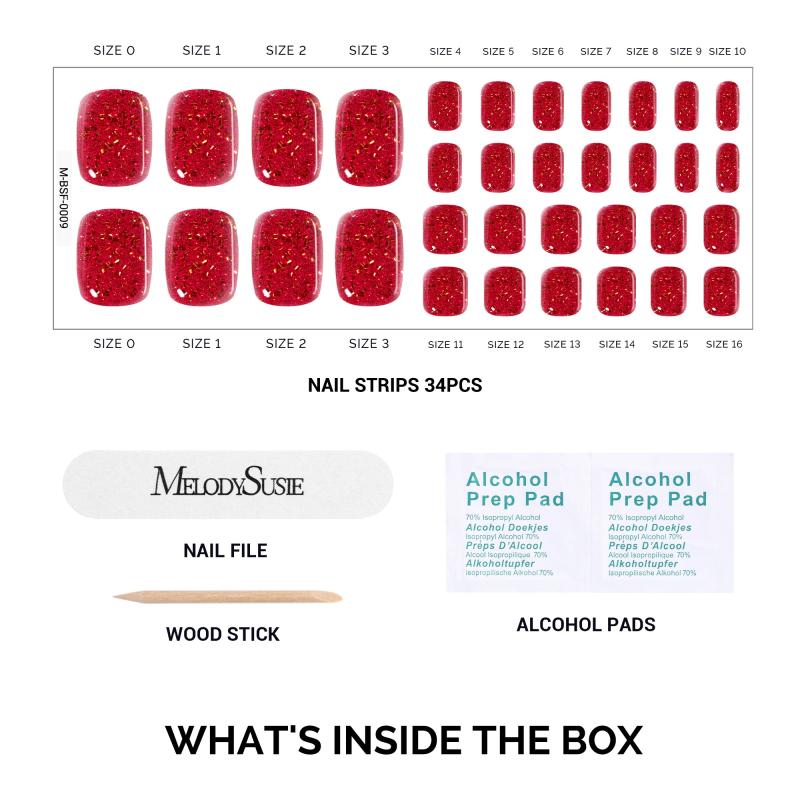 Qcoat Pedicure Fully Cured Gel Nail Strips-Red Glitter(US ONLY)