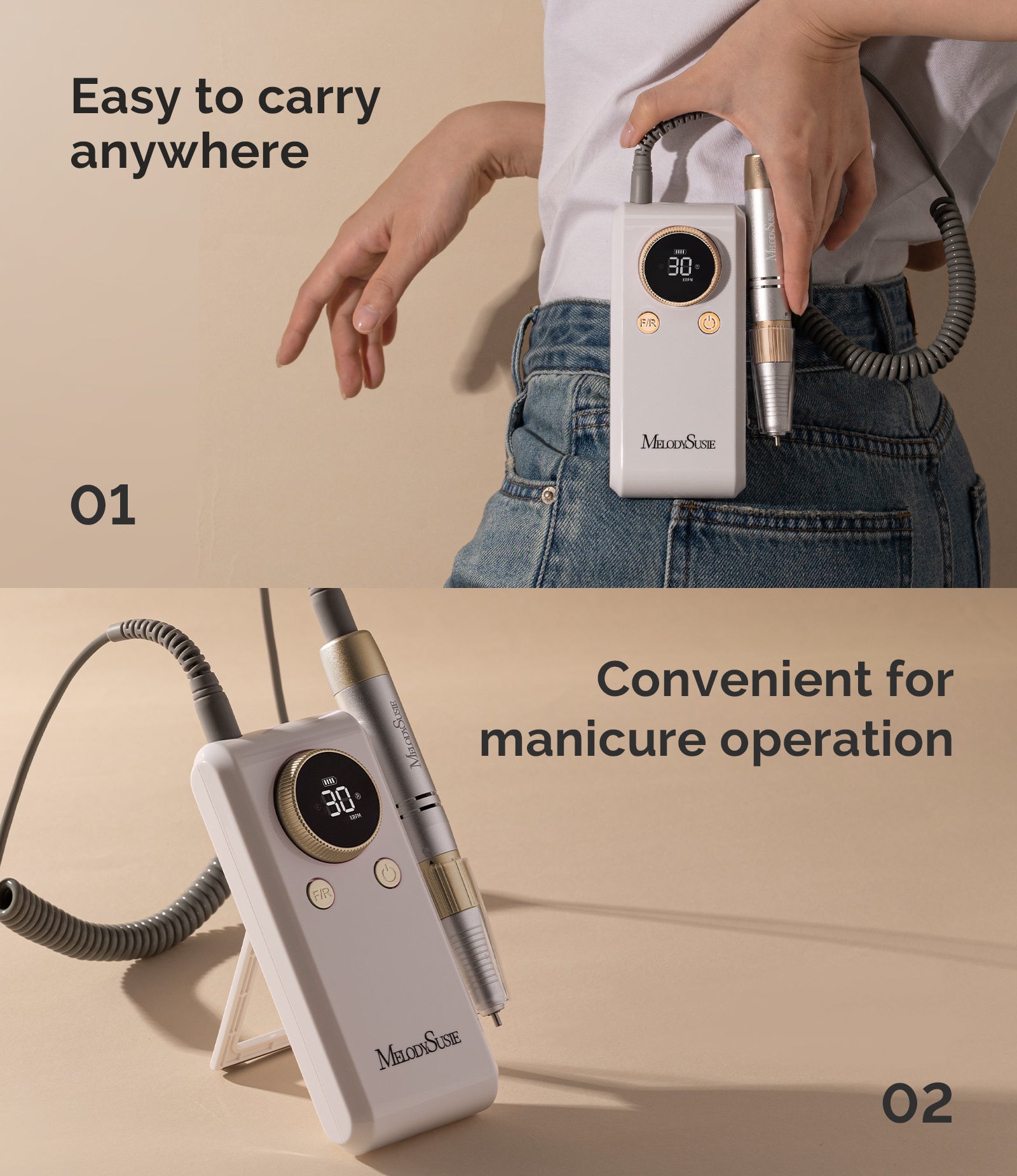 SC330G Clip-On Rechargeable 2-in-1 Nail Drill with Built-In Stand 30,000RPM - 图片2