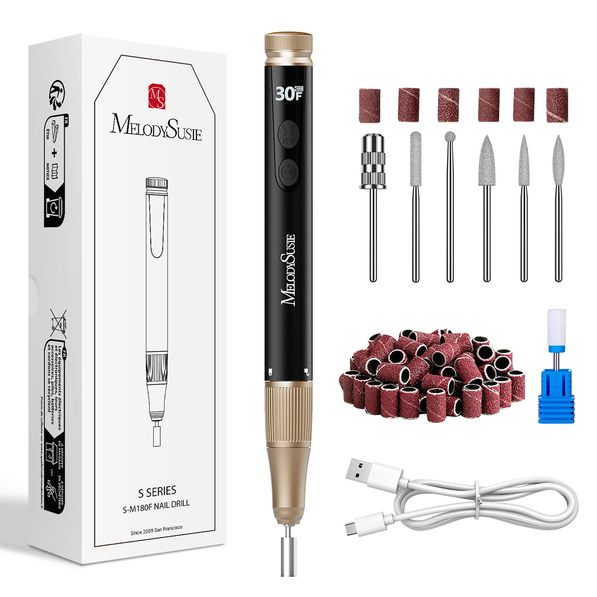 SM180F Pen-Shaped Rechargeable Nail Drill 30,000RPM - Black - 图片2