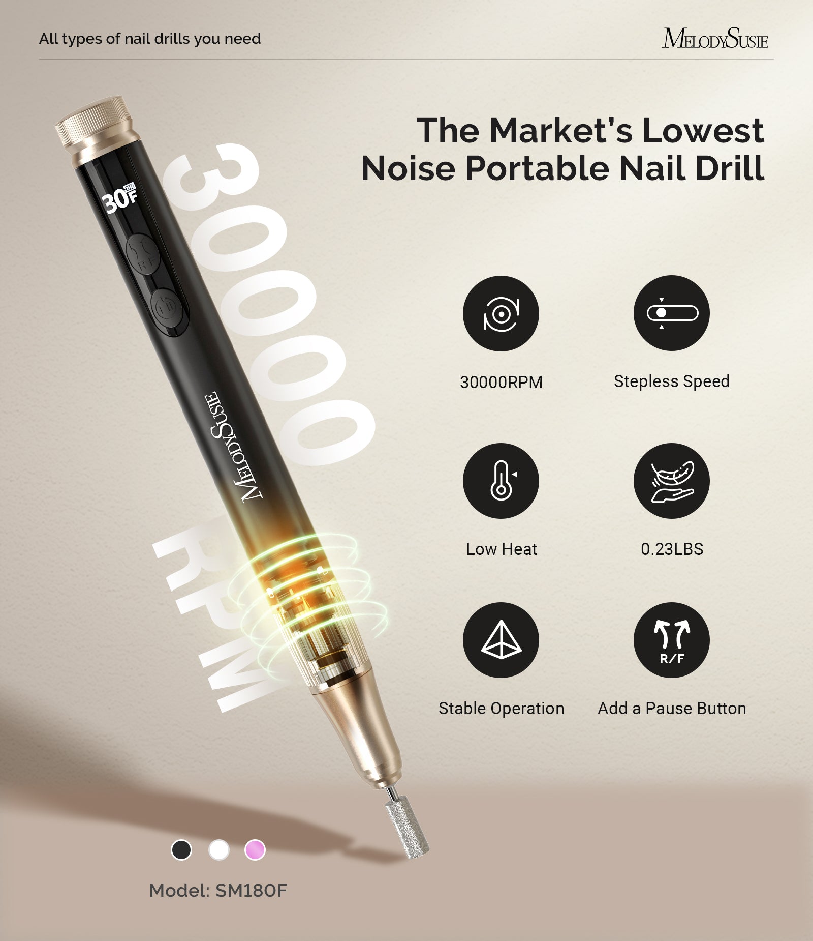 SM180F Pen-Shaped Rechargeable Nail Drill 30,000RPM - Black - 图片3