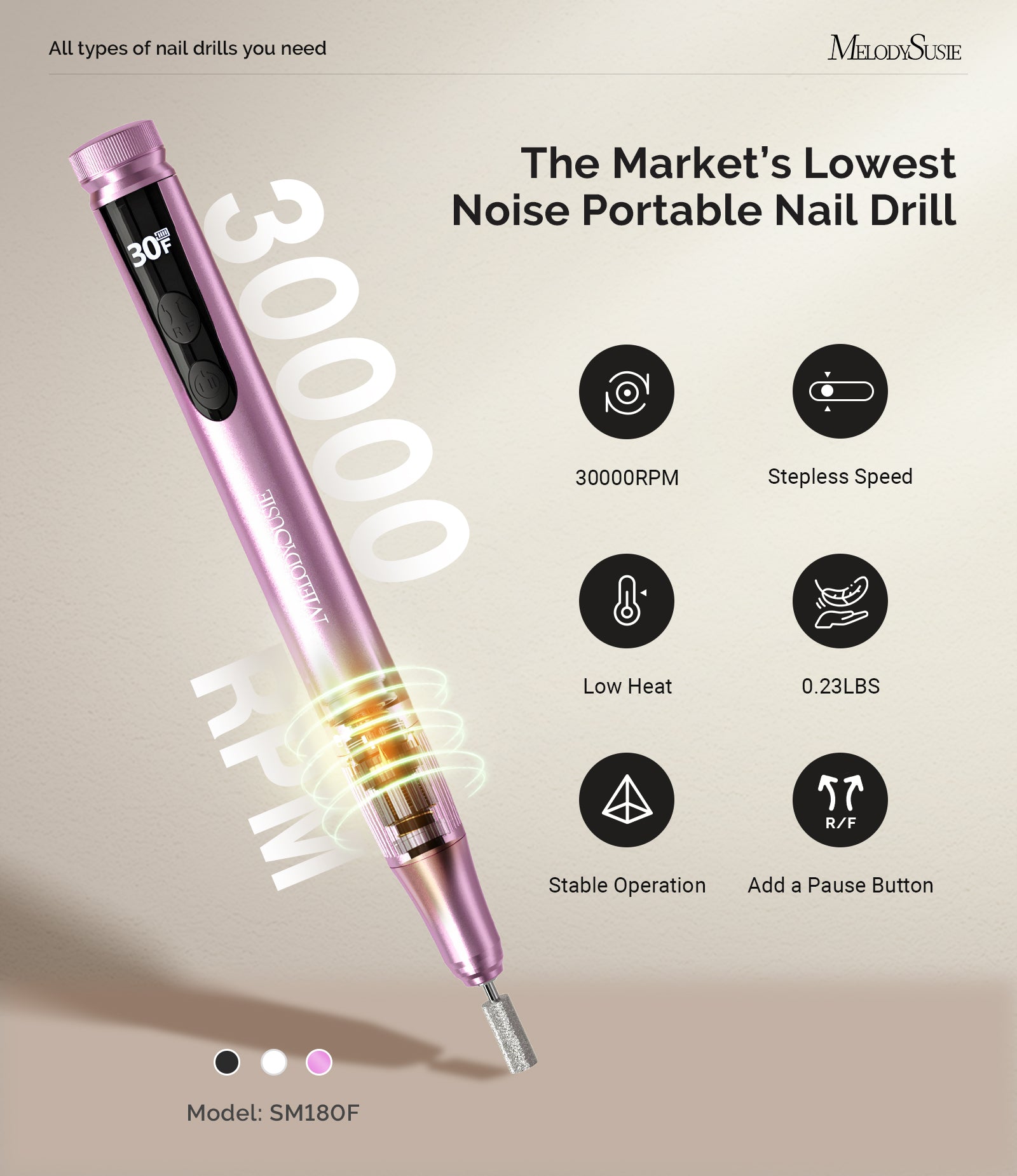 SM180F Pen-Shaped Rechargeable Nail Drill 30,000RPM - Rose Gold - 图片3