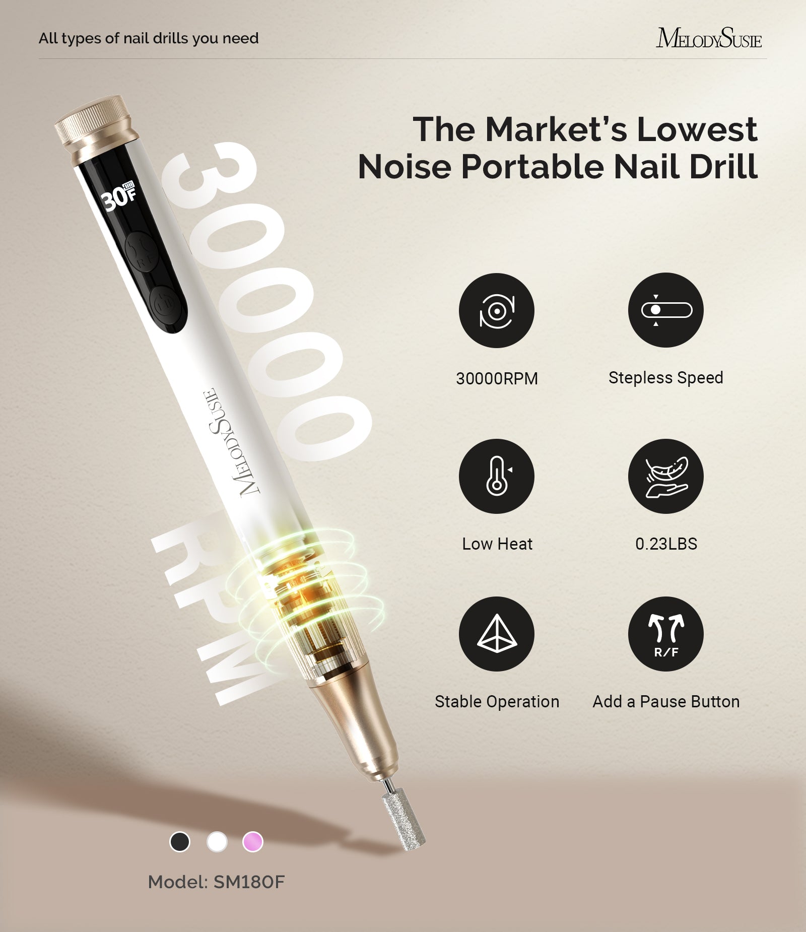 SM180F Pen-Shaped Rechargeable Nail Drill 30,000RPM - White - 图片2