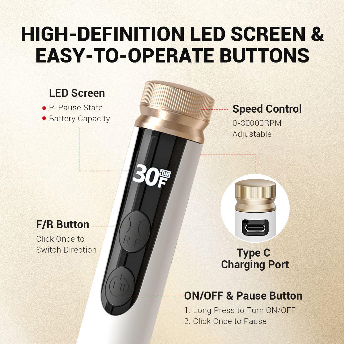 SM180F Portable & Stepless Speed Rechargeable Nail Drill 30000RPM - Student Kit - 图片4