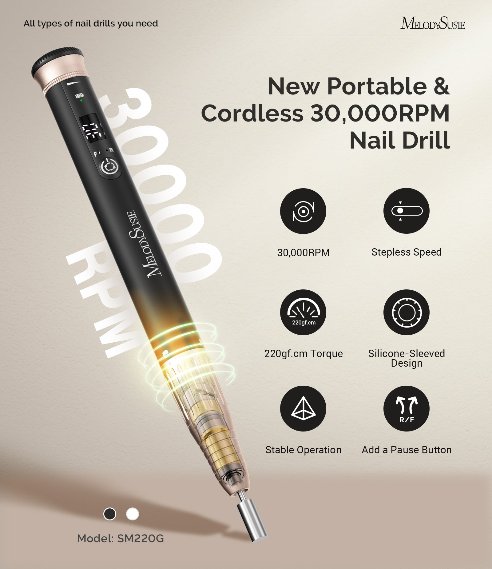 SM220G Pen-Shaped Rechargeable Nail Drill 30,000RPM - Black - 图片2