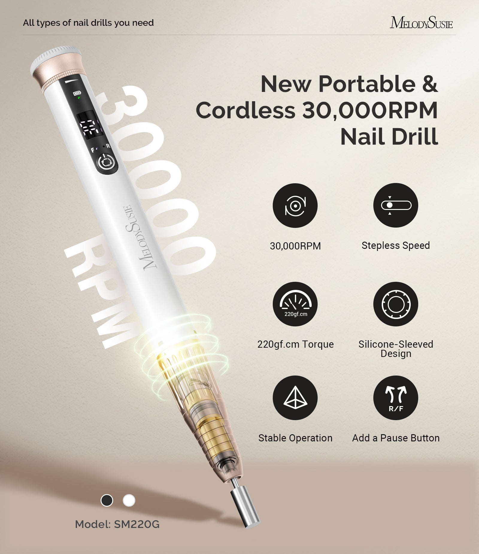 SM220G Pen-Shaped Rechargeable Nail Drill 30,000RPM - White - 图片2