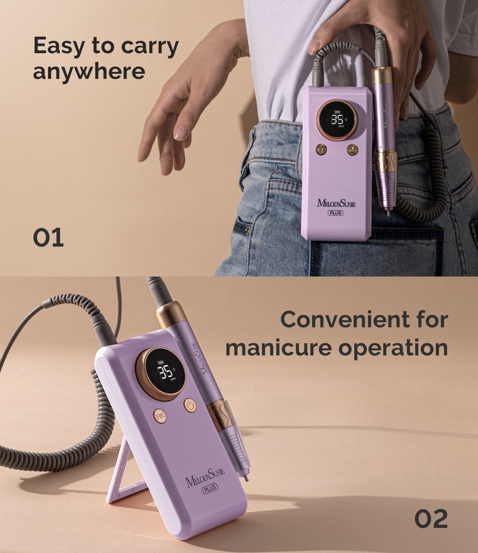 SM330G Clip-On Advanced Rechargeable 2-in-1 Nail Drill with Built-In Stand 35,000RPM - Purple - 图片2