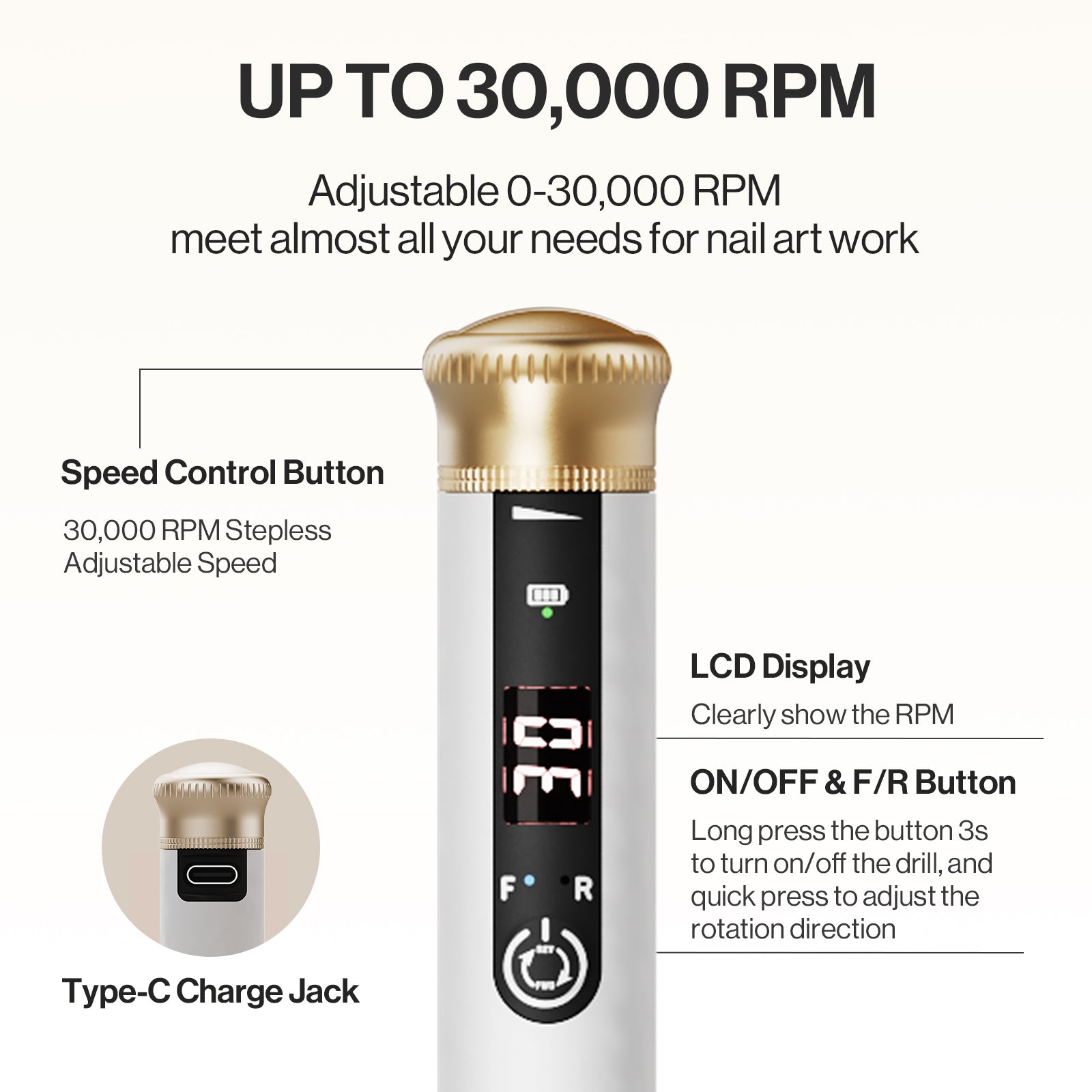 SP1(SM220E) Pen-Shaped Rechargeable Nail Drill 30,000RPM - Starter Set - 图片5